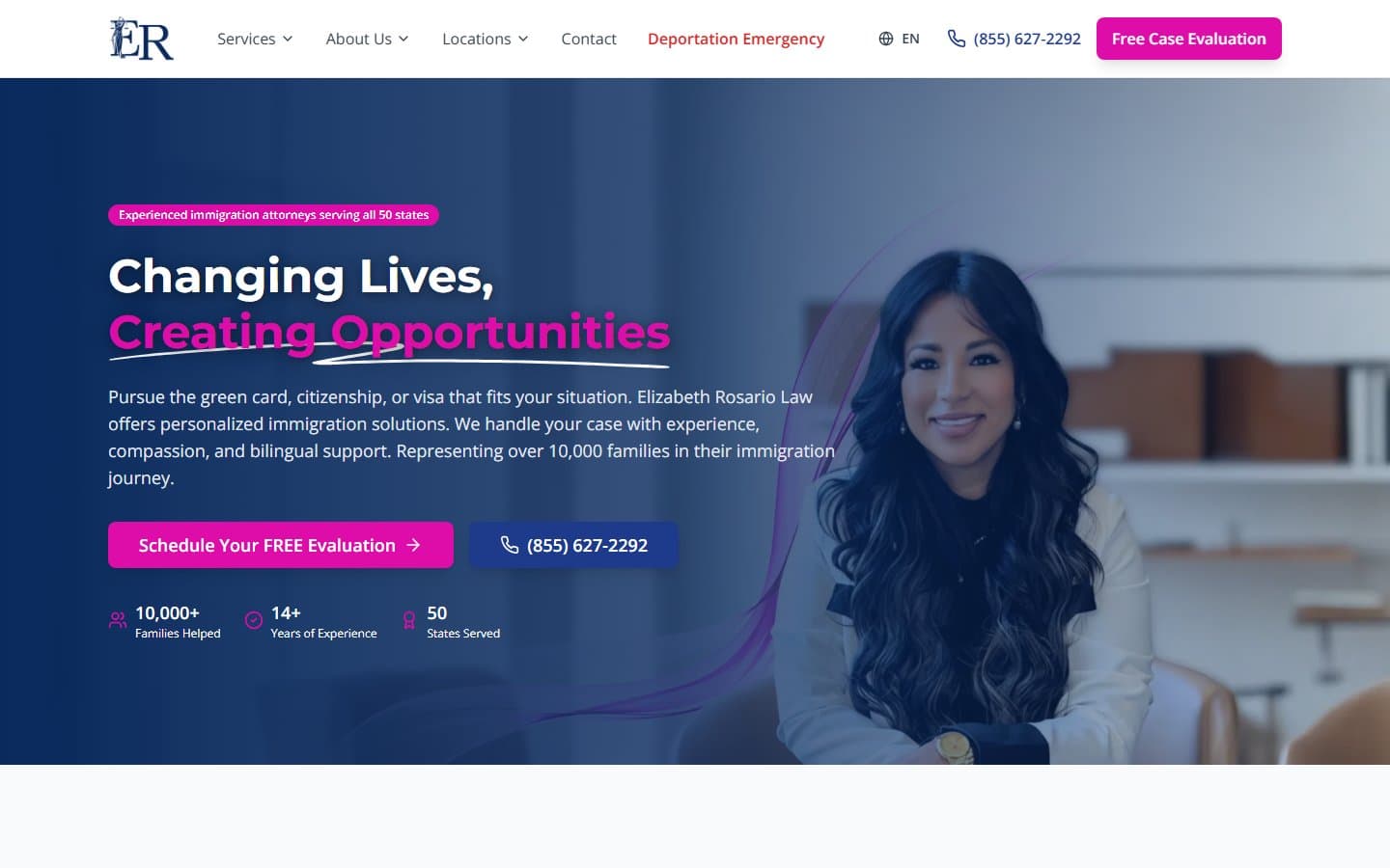 Production homepage of Elizabeth Rosario Law, the bilingual immigration law firm site we built. Founder photography, 10,000+ families helped stat row, click-to-call header CTA.