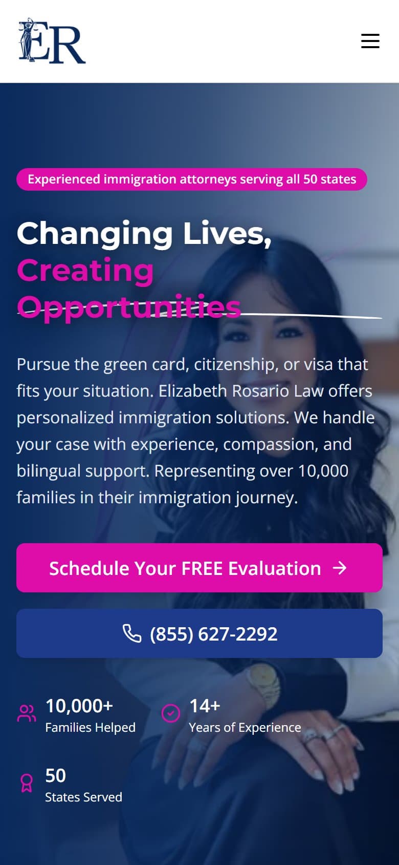 Mobile capture of elizabethrosariolaw.com: the live production site on a 390px-wide viewport. Founder photo crops to portrait, headline stays legible, click-to-call CTA is prominent, sticky phone number visible in the top nav.