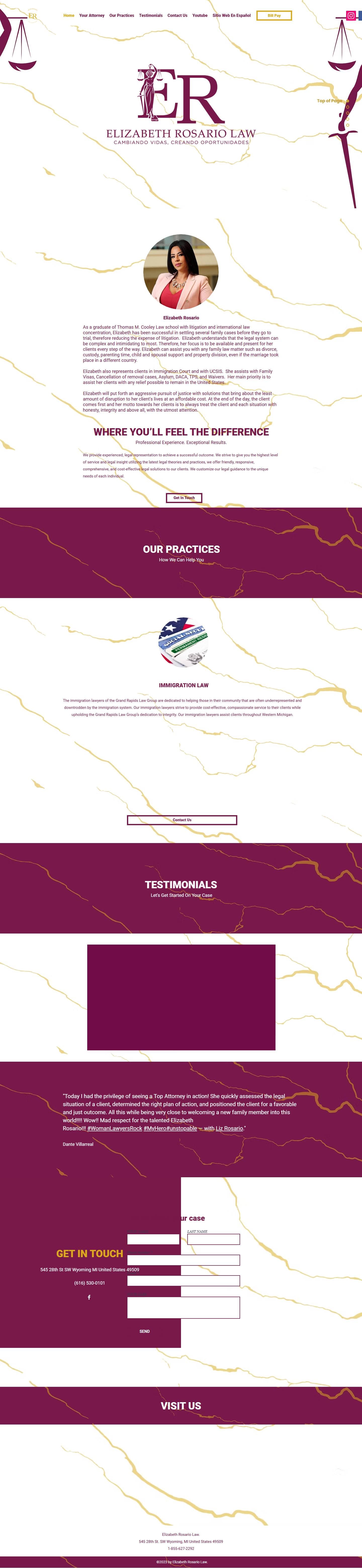 Full-page capture of elizabethrosariolaw.com from March 2023: Wix-style template with cracked-marble background throughout the entire scroll. Single page, decorative-heavy, no multi-location structure.