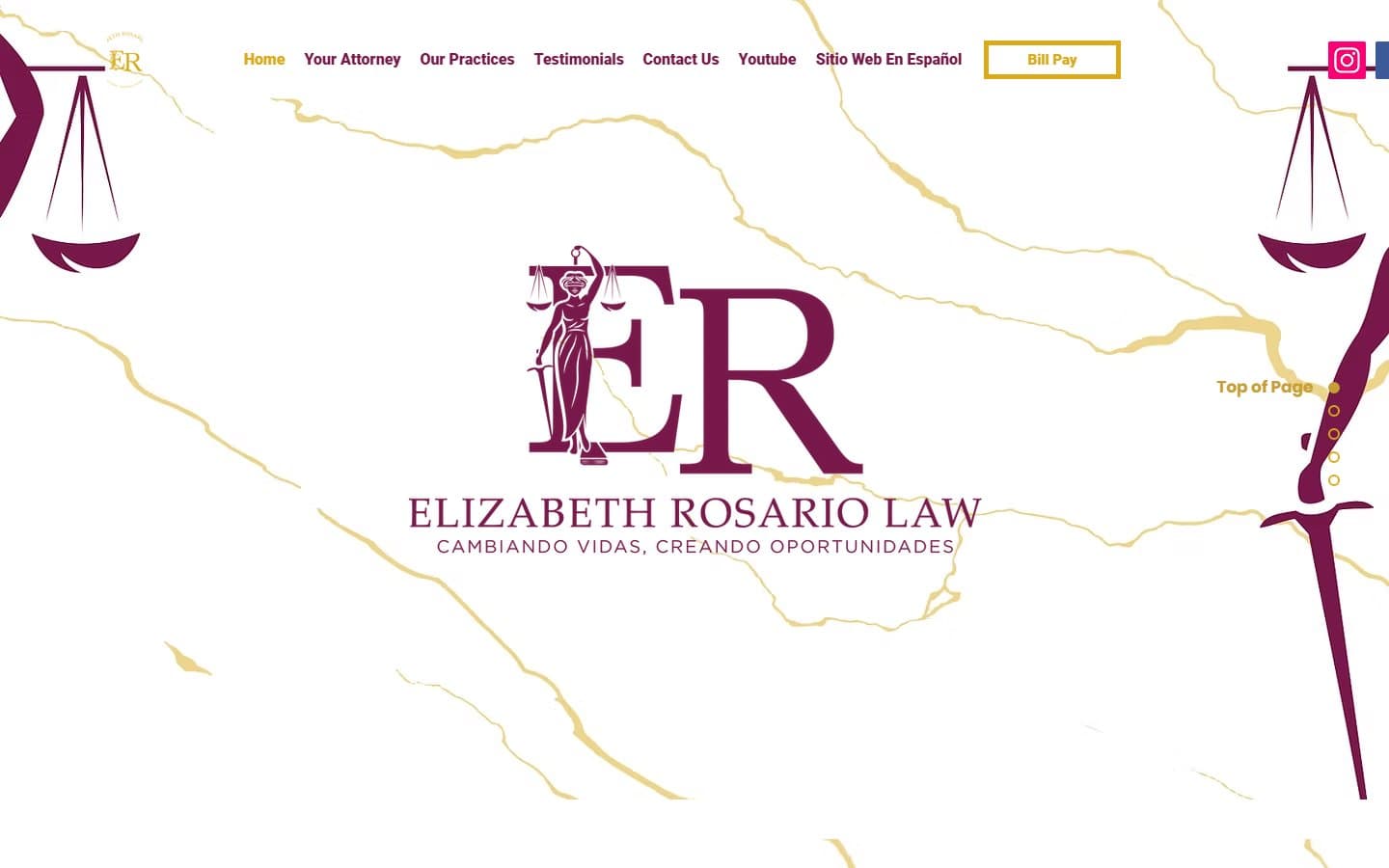 Elizabeth Rosario Law homepage in March 2023: a Wix-style template with a cracked-marble background, decorative gold flourishes, and a static centered ER logo with the Lady Justice icon. No real photography, no phone number above the fold, no conversion elements.