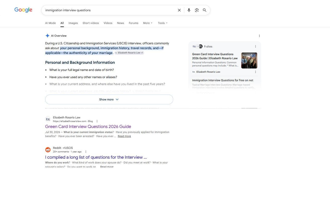 Google’s AI Overview for “immigration interview questions,” crediting Elizabeth Rosario Law as a source, with their Green Card Interview Questions 2026 Guide shown in the source panel and again as the first organic result below.