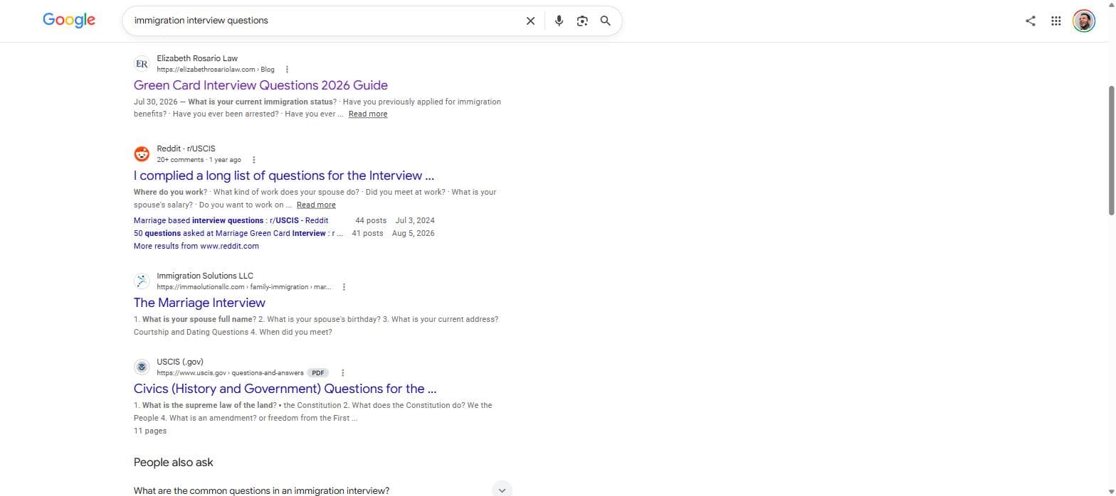 Google results for “immigration interview questions.” Elizabeth Rosario Law’s Green Card Interview Questions 2026 Guide is the first result, followed by a Reddit r/USCIS thread, Immigration Solutions LLC, and then USCIS.gov.