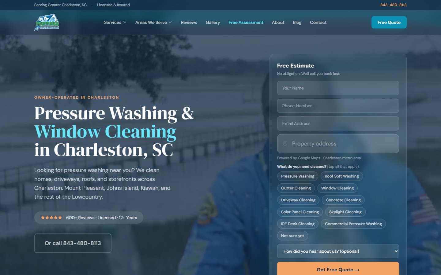 Production homepage of Pepper's Pressure Washing built by Maxx Effect: a dark conversion-first hero with a Free Estimate quote form, click-to-call phone number, service checkboxes, and a trust row.