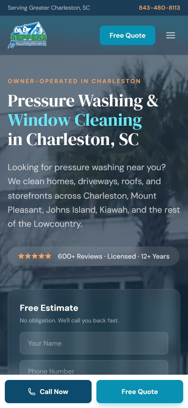 The current Pepper's Pressure Washing site on a phone-width screen: the hero headline stays legible, the Free Estimate form and click-to-call are prominent, and the layout is built for one-handed use.