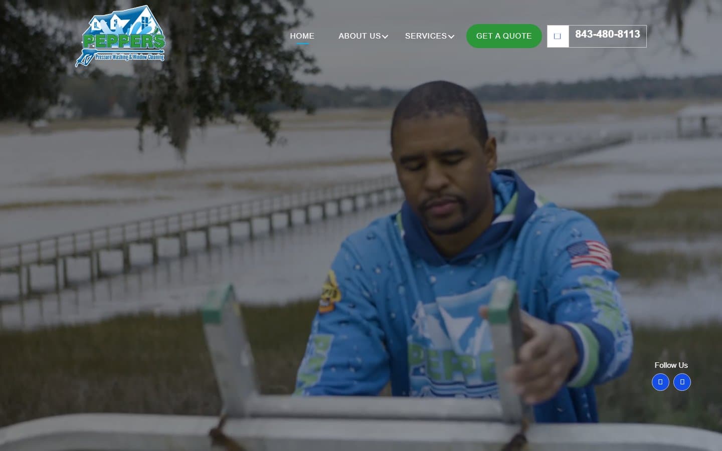 The previous Pepper's Pressure Washing website (Wayback archive): a dated full-bleed photo hero with a floating nav, a single Get a Quote button, and a click-to-call phone number. No embedded quote form and no trust row.