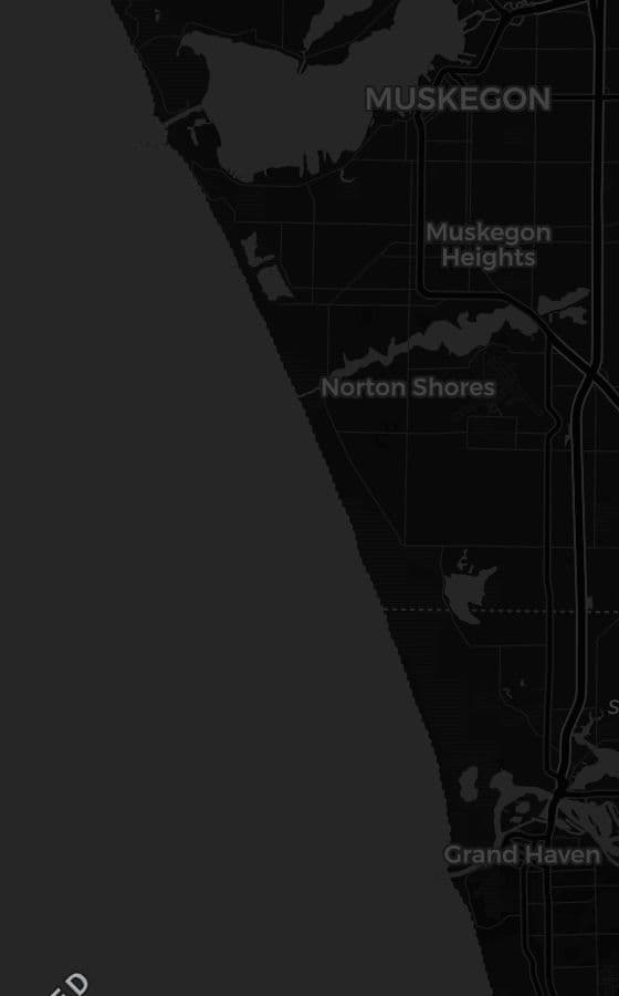 Map of the Muskegon lakeshore from Heritage Landing south to Grand Haven State Park, with the sunset viewing spots marked