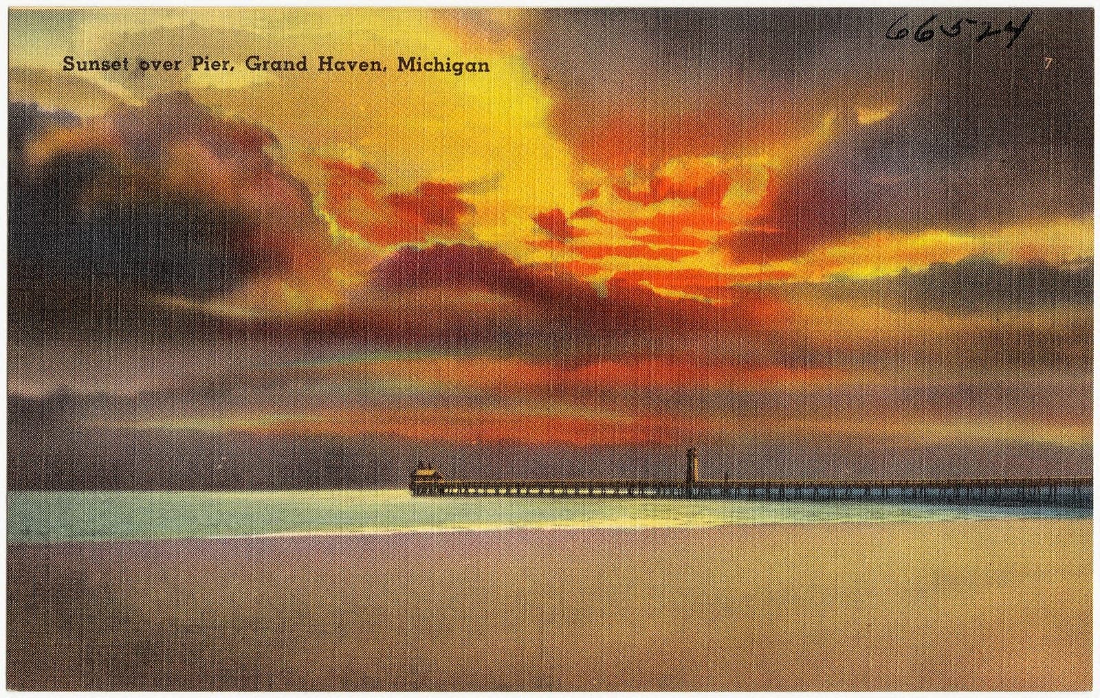 Vintage illustrated postcard of the sun setting over the Grand Haven pier and lighthouse