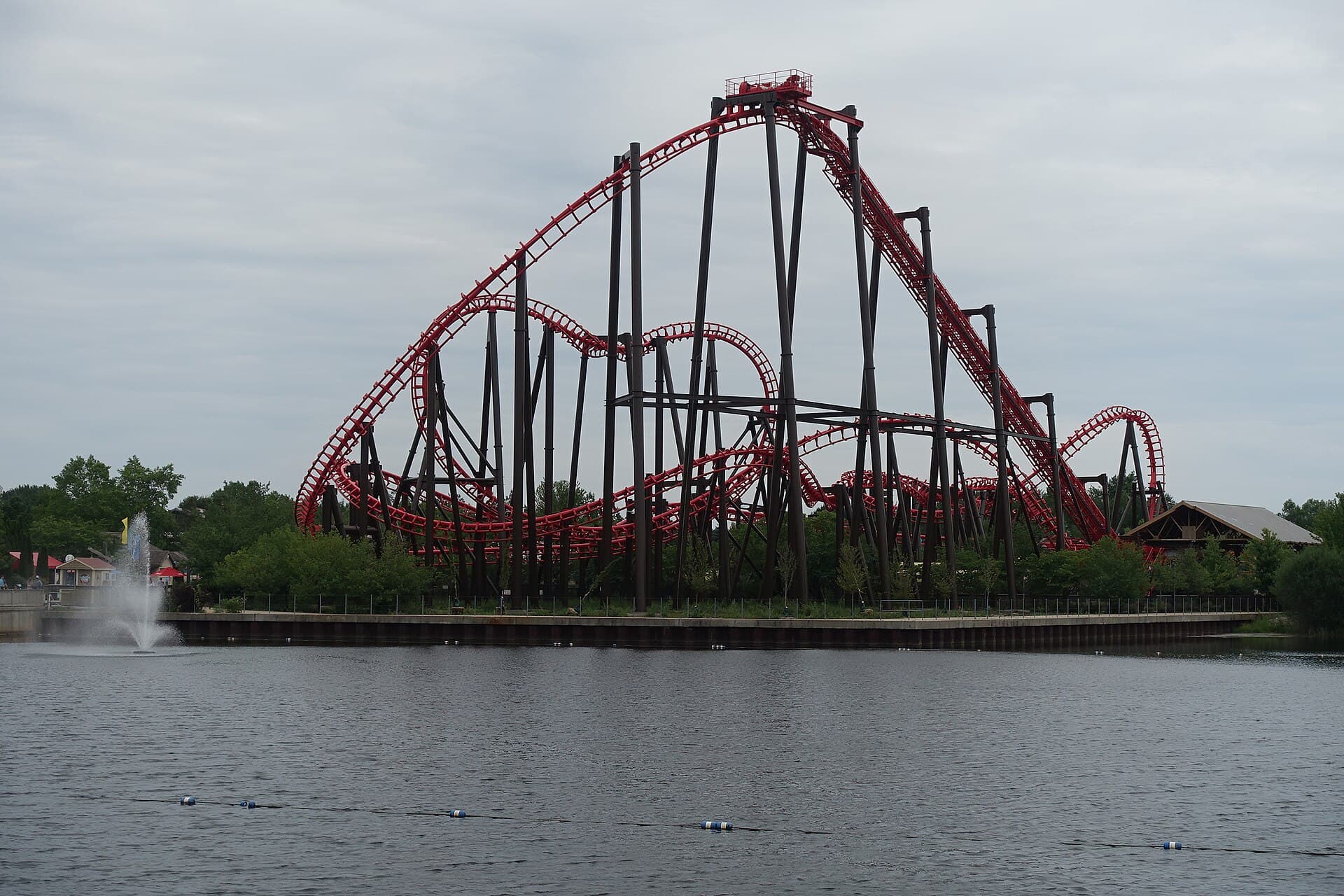 A steel roller coaster rising over the lagoon at Michigan's Adventure amusement park in Muskegon