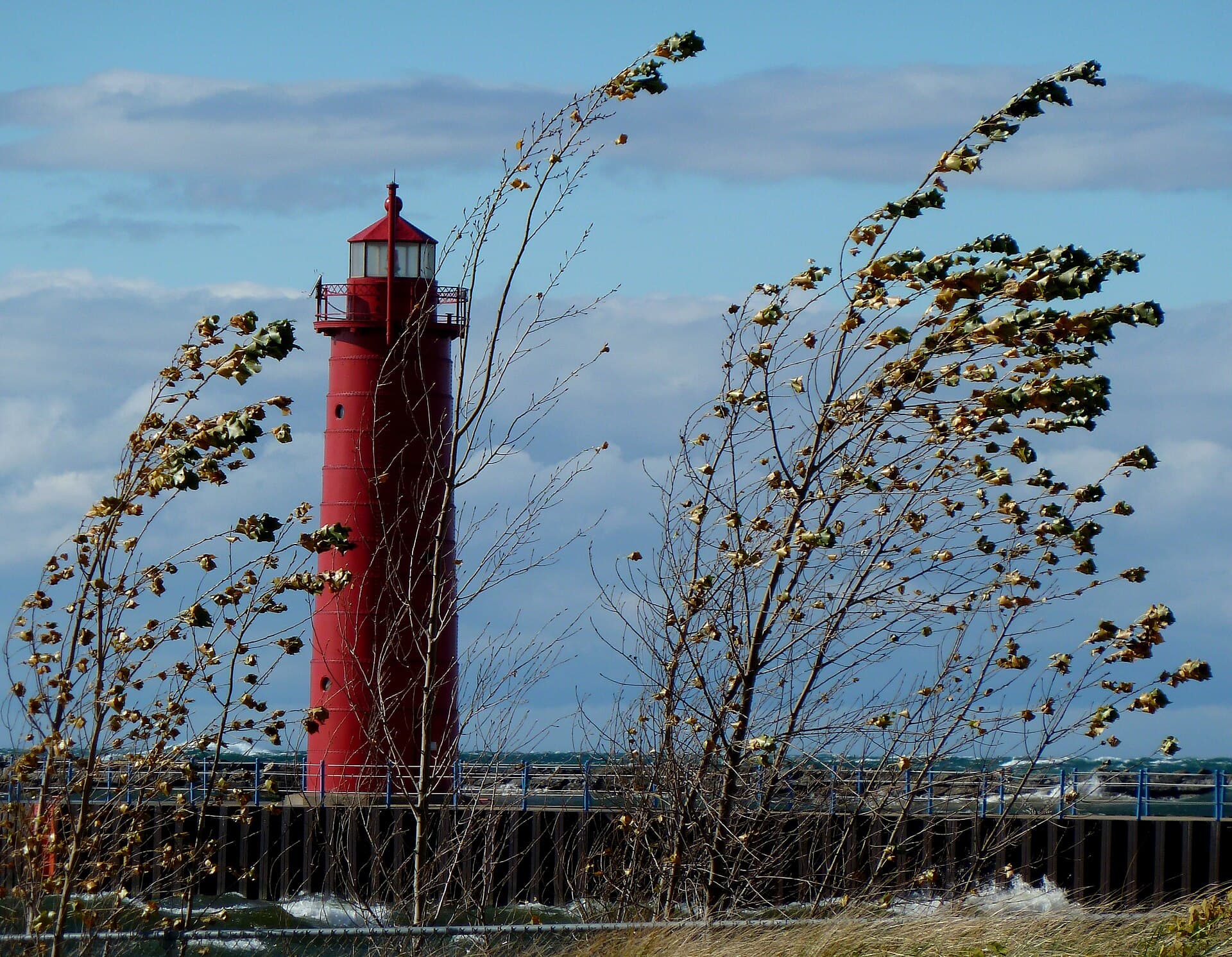 The Muskegon South Pierhead Light framed by wind-blown trees on a blustery lakeshore day
