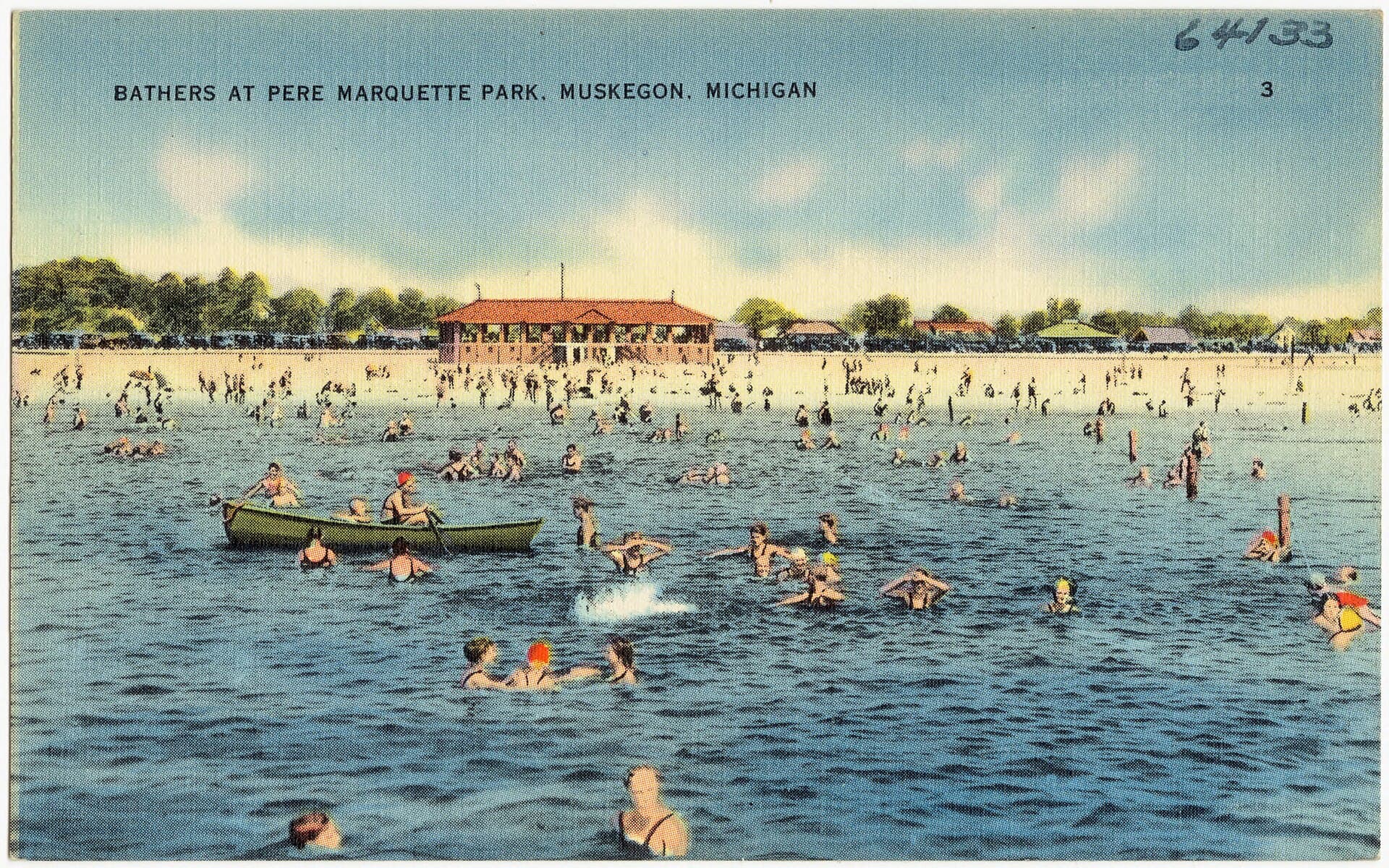 Vintage 1930s postcard of bathers swimming at Pere Marquette Park in Muskegon, Michigan