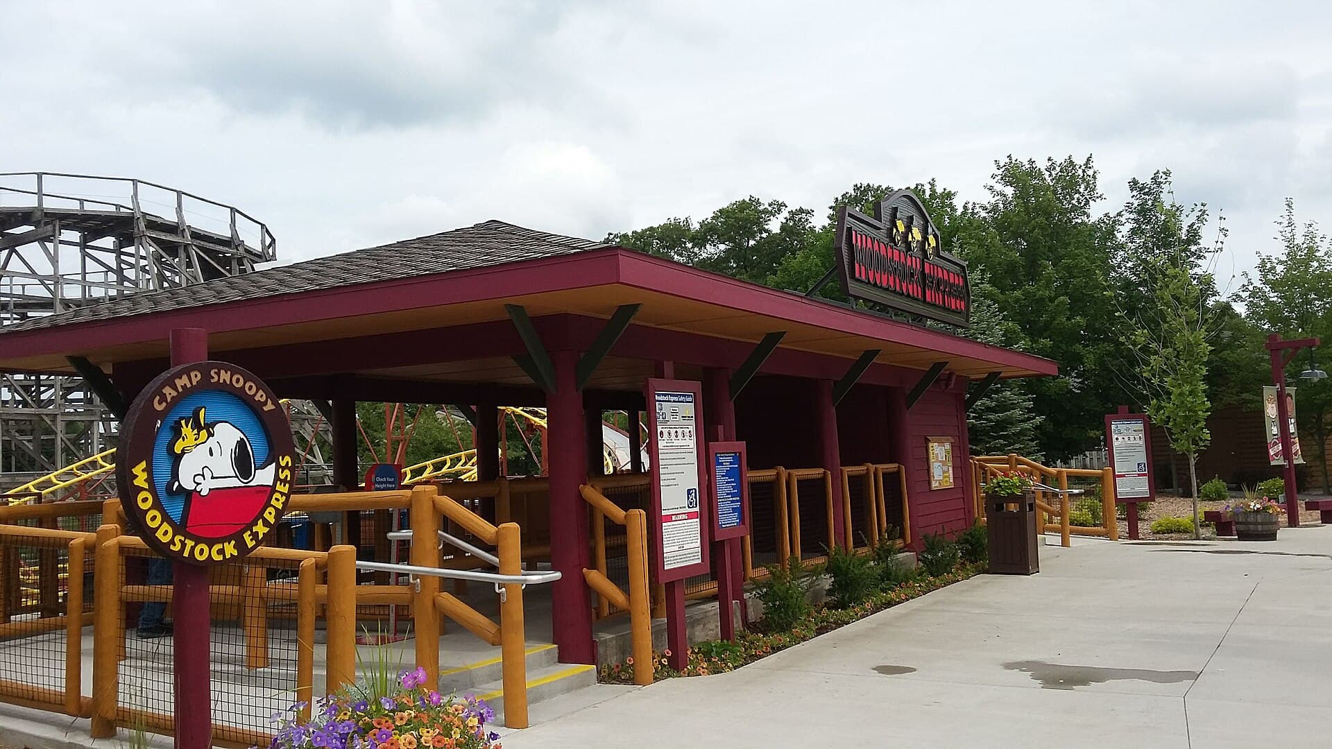 The Camp Snoopy Woodstock Express kids coaster station at Michigan's Adventure